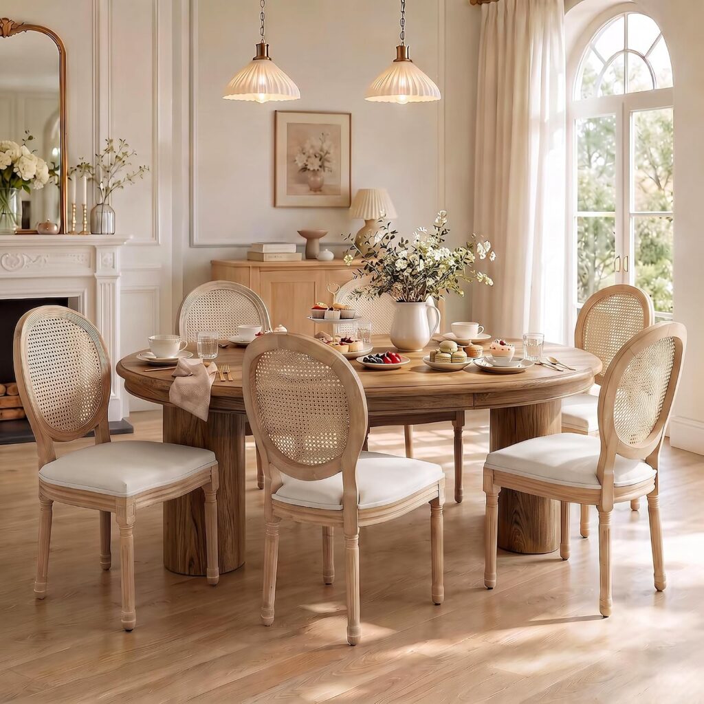 Oval Rattan-Back Dining Chairs, Set of 6
