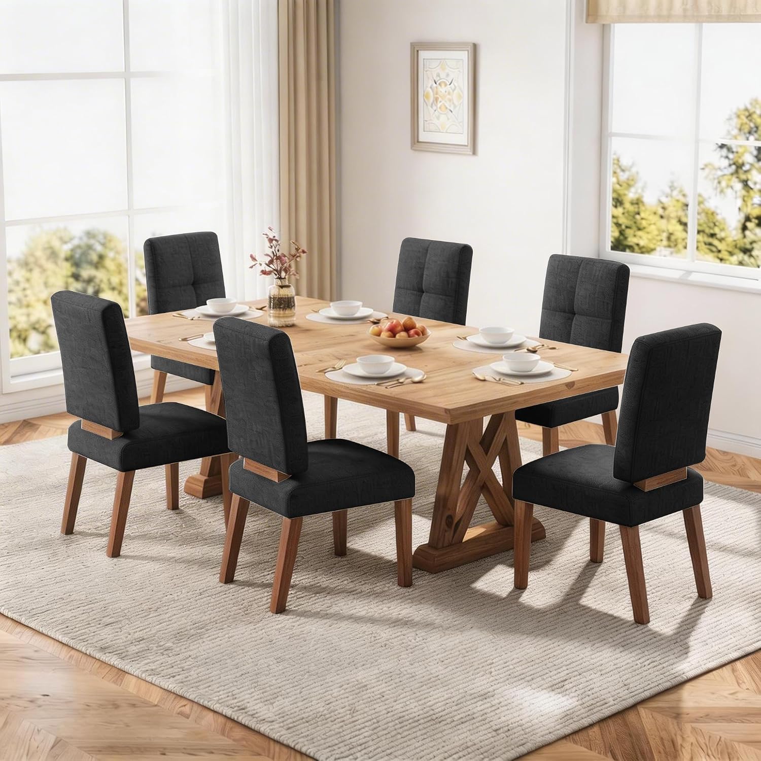 Thick-Cushion Wooden Dining Chairs, Set of 6