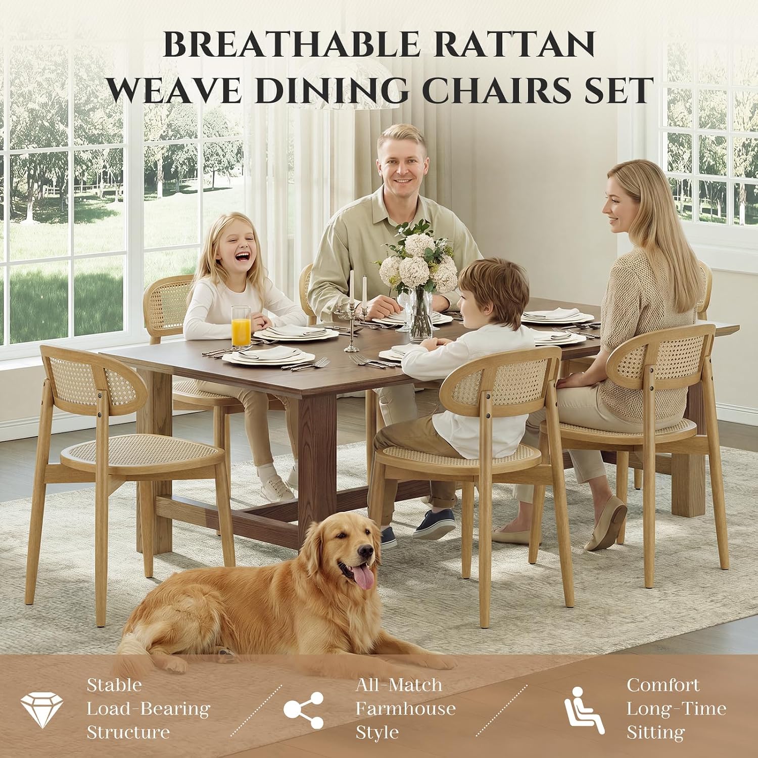 Rattan-Back Dining Chairs, Set of 6 - Image 4