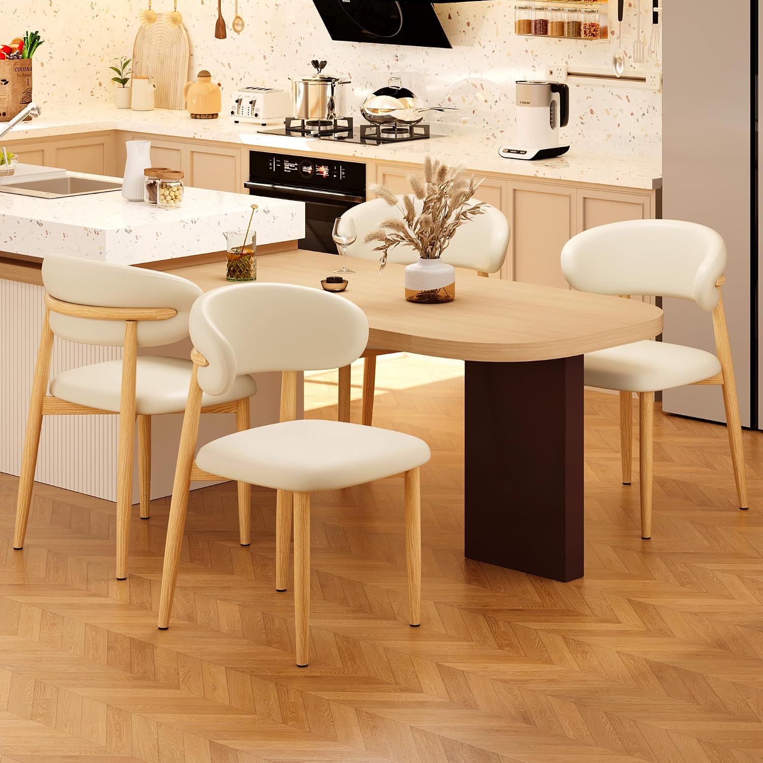Wood-Look Metal Dining Chairs, Set of 4
