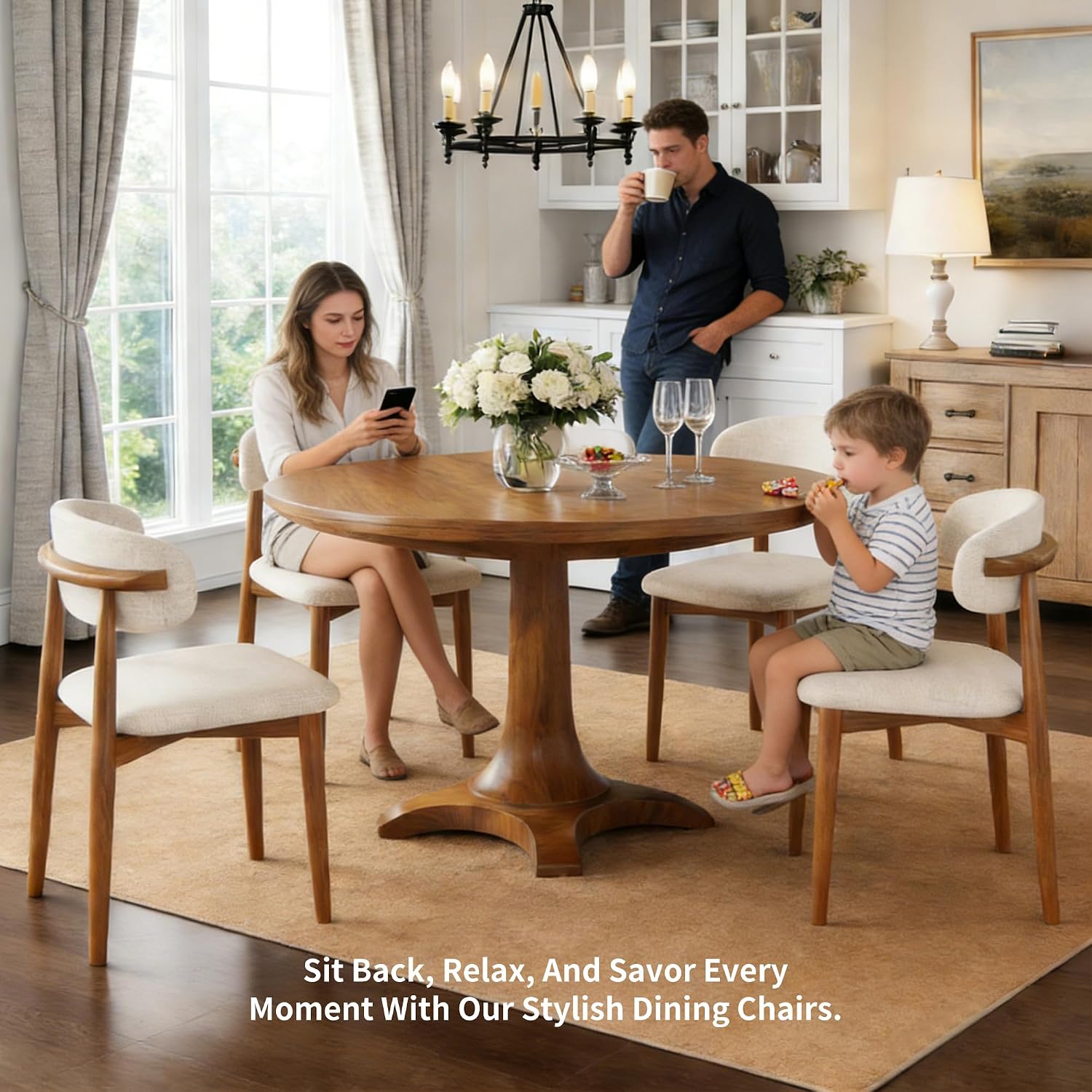 Curved-Back Wood-Leg Dining Chairs, Set of 4 - Image 7