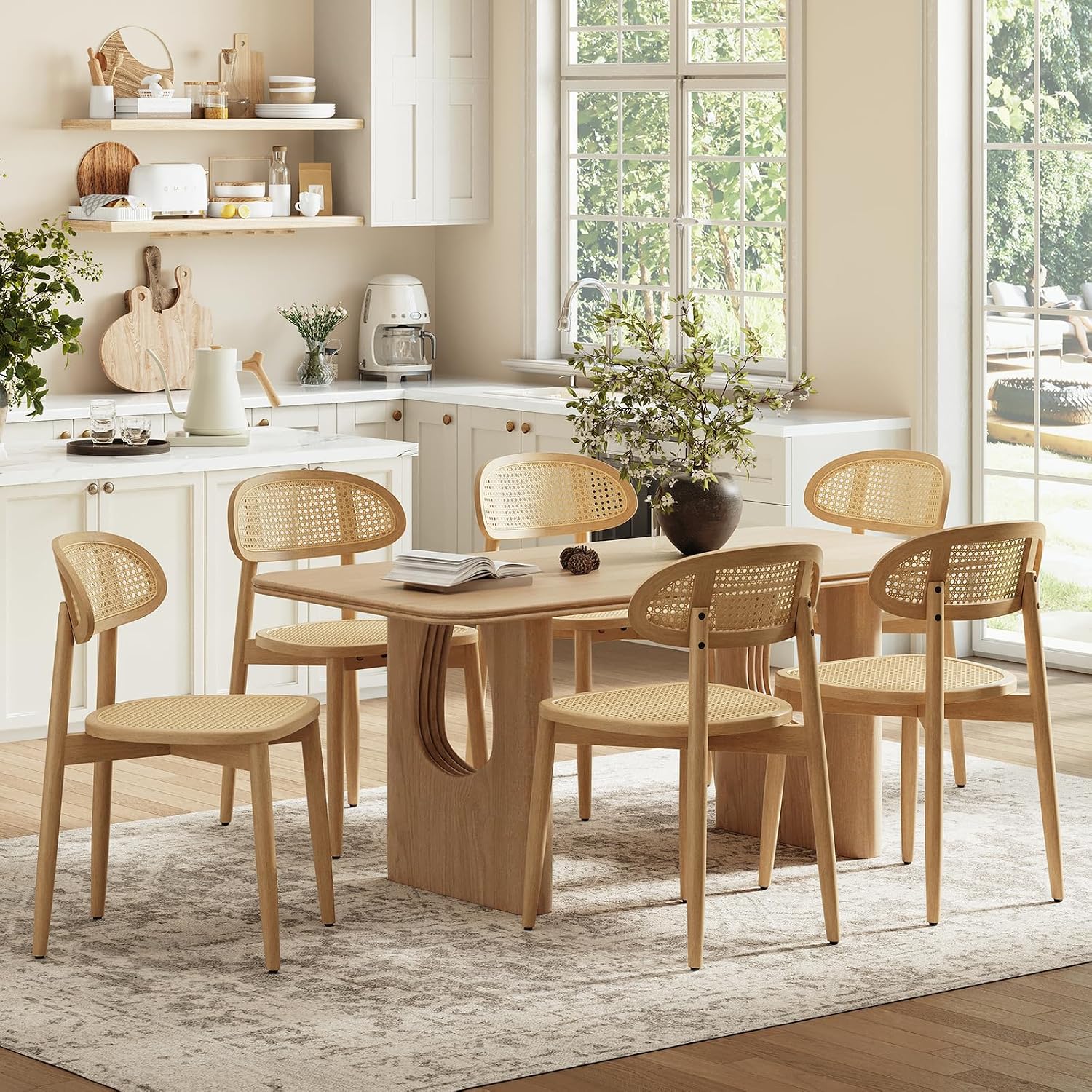 Rattan-Back Dining Chairs, Set of 6