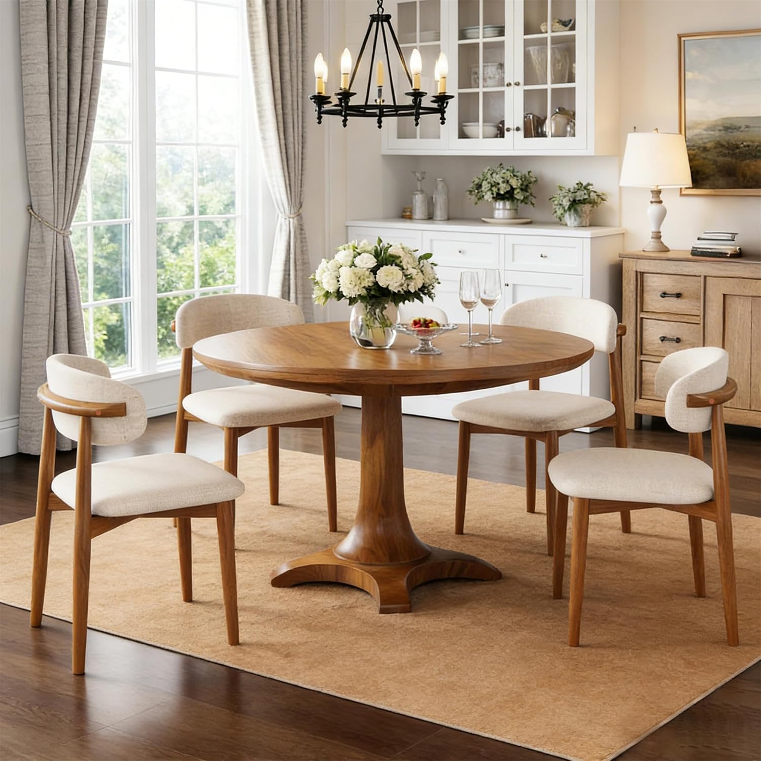Curved-Back Wood-Leg Dining Chairs, Set of 4